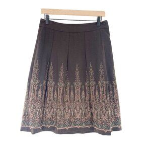 Ann Taylor Loft Petites 6P Brown Embroidered Lined Flare Skirt Western Boho a